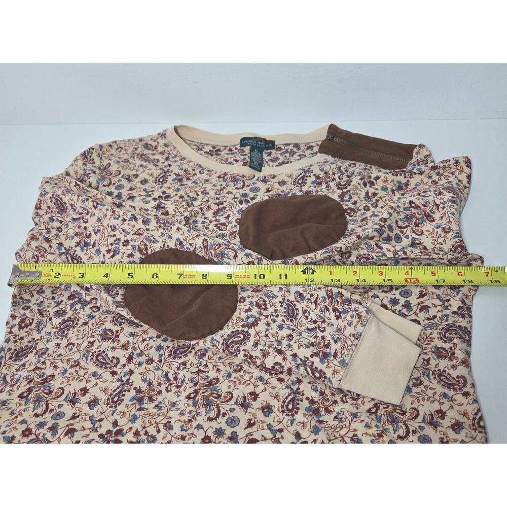 Lauren Ralph co Long Sleeve Floral Paisley Top Suede Elbow Patch Zip XL Riding * - Picture 6 of 9